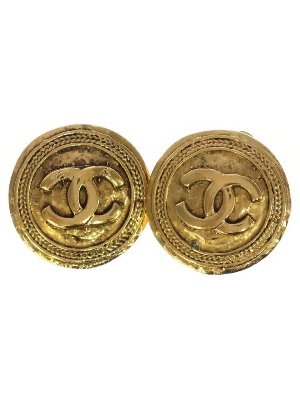Chanel Coco Button Vintage Round Earrings Gold